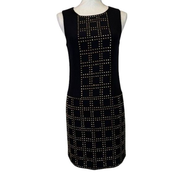 Trina Turk Blake Dress Gold Studded Black Crepe Mini Sheath Sleeveless Size 2 - Picture 2 of 15